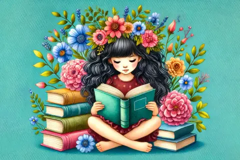 Ein Mädchen mit Blumenkranz sitzt im Schneidersitz und liest ein Buch. Um sie herum stapeln sich Bücher und bunte Blumen. Ein Bild für literarisches Lernen.