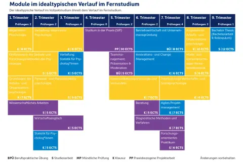 Studienverlauf Wirtschaftspsychologie Bonn: Module über 9 Trimester, von allgemeiner Psychologie bis zur Bachelorarbeit.