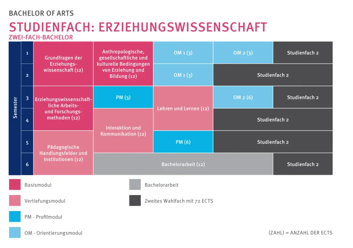 Studienverlaufsplan für das Bildungswissenschaften Studium im Zwei-Fach-Bachelor. Zeigt Module über sechs Semester.