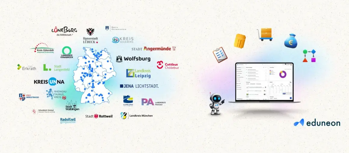 Digitale Transformation in deutschen Städten und Landkreisen, gefördert durch den DigitalPakt 2.0. Eine Karte zeigt Standorte, während ein Laptop und ein Roboter die Zukunft der Bildung symbolisieren.