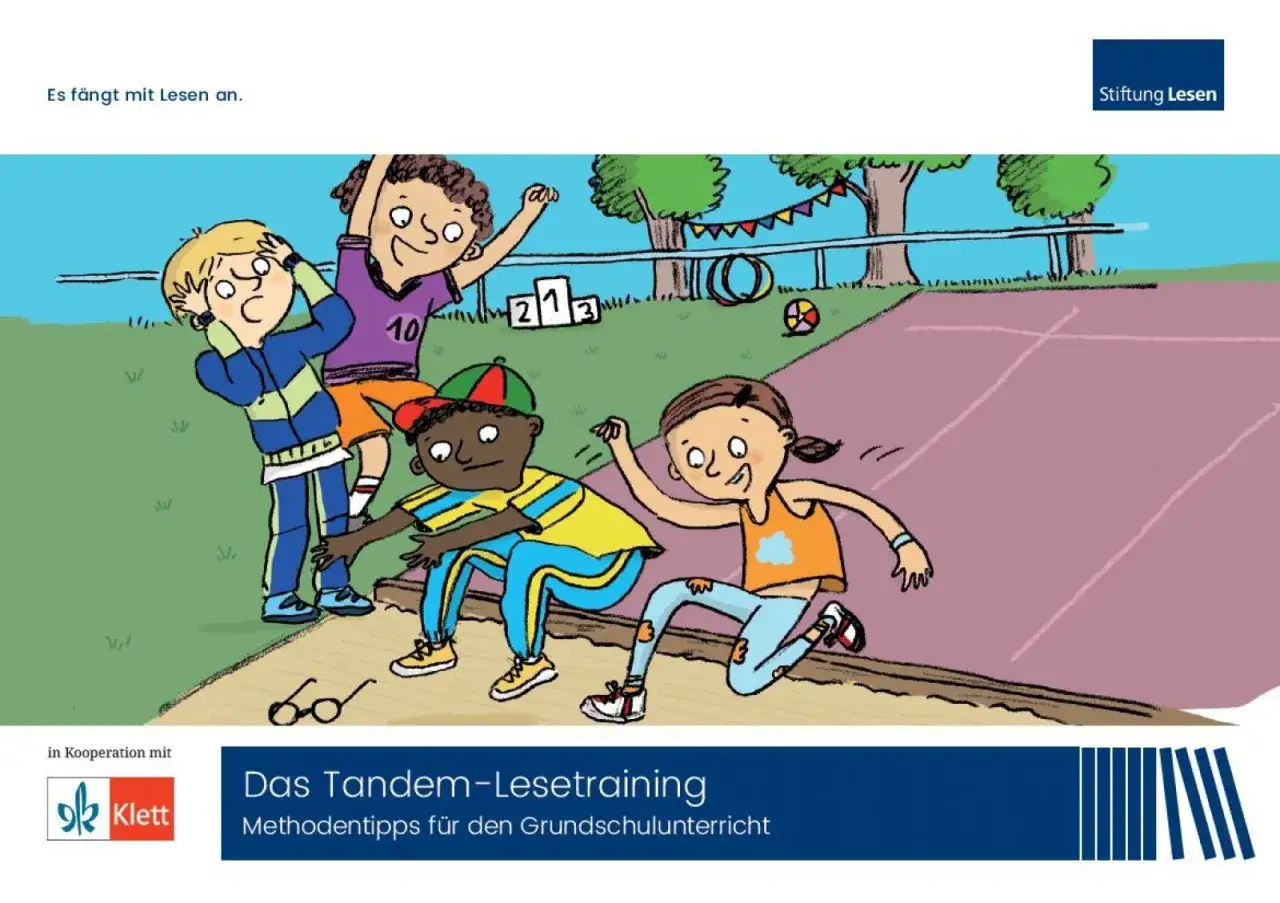 Kinder rennen auf einer Laufbahn. Kostenloses Lesetandem-Material für den Grundschulunterricht.