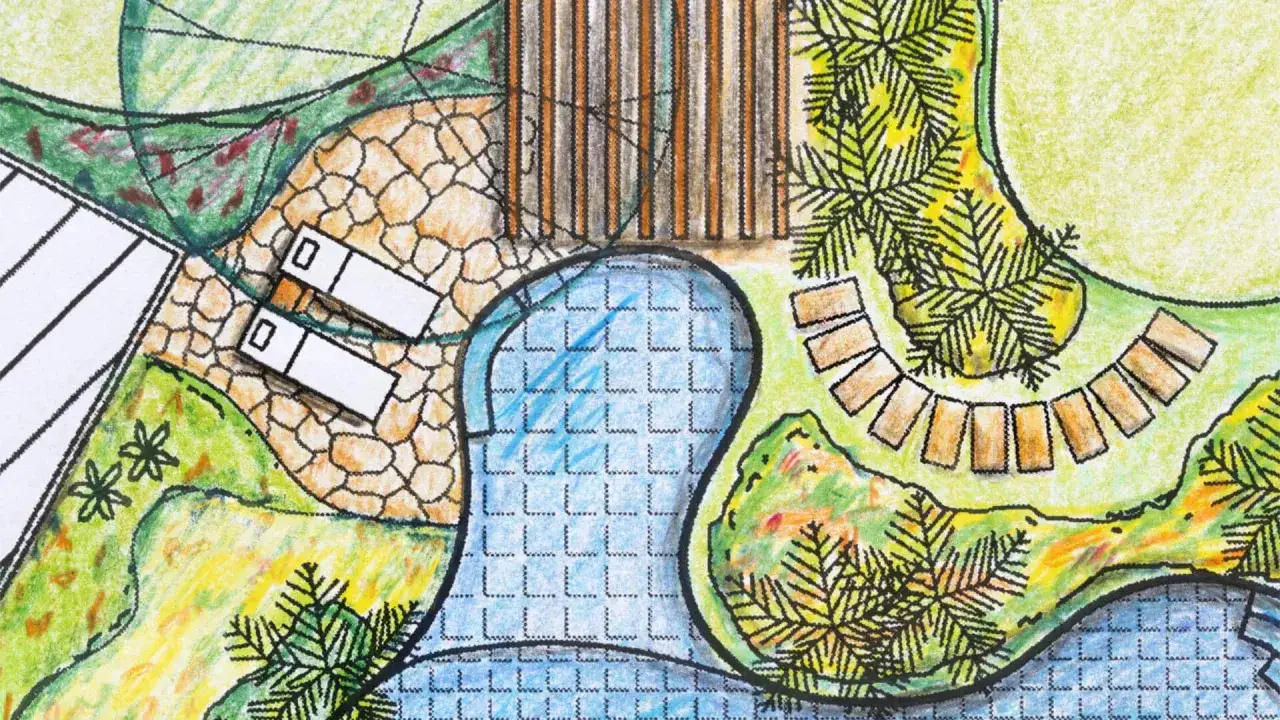 Entwurf einer Gartenanlage mit Teich, Liegen und Holzsteg. Perfekt, wenn man landschaftsarchitektur studieren m&ouml;chte.
