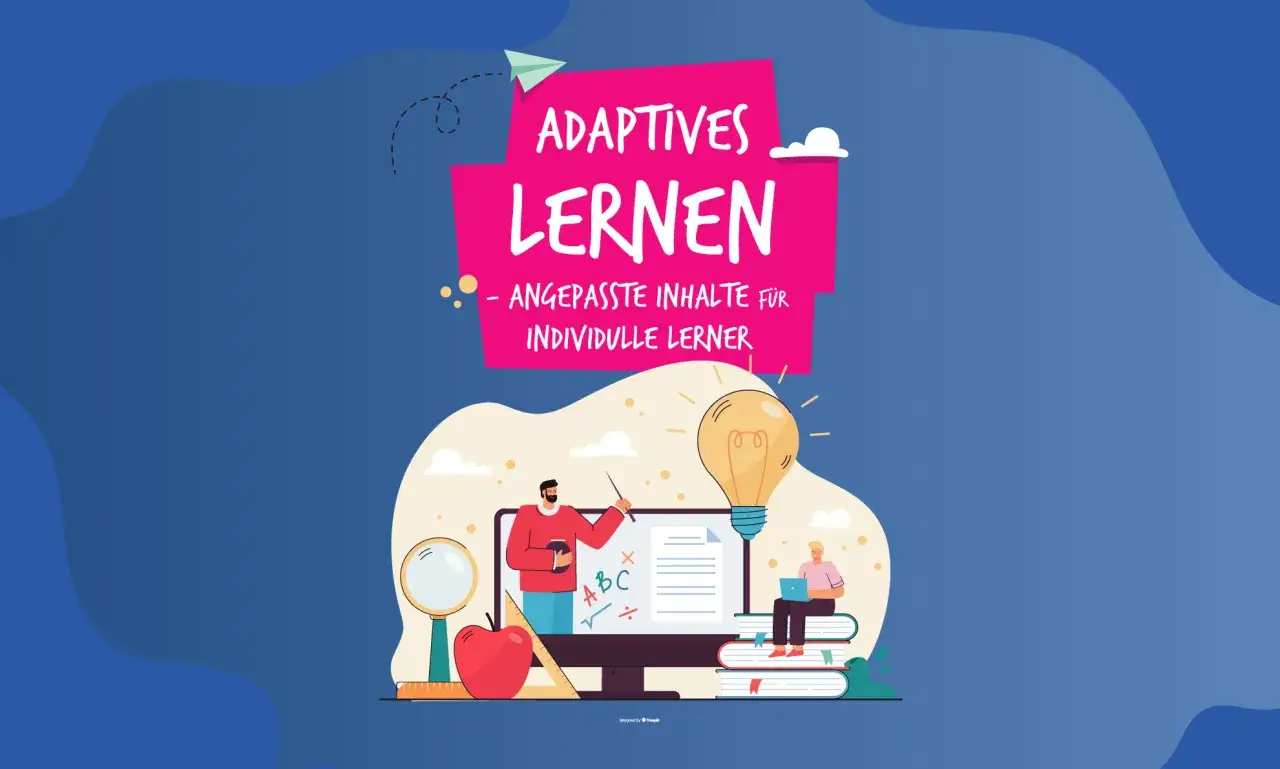 Lehrer erkl&auml;rt adaptives Lernen am Computer. Ein Sch&uuml;ler lernt auf B&uuml;chern sitzend.