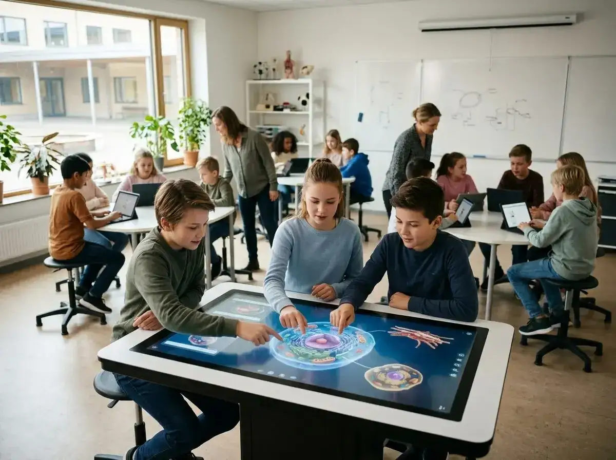 Schüler lernen mit digitalen Tafeln Biologie. Der Datenschutz in der Schule ist wichtig, wenn sie online arbeiten.