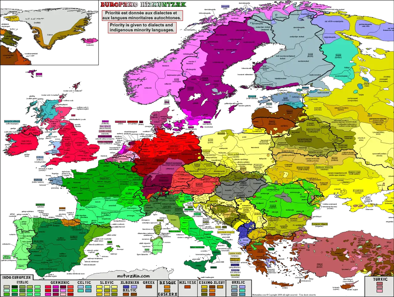 Farbige Karte von Europa, die Sprachgebiete und Dialekte zeigt.