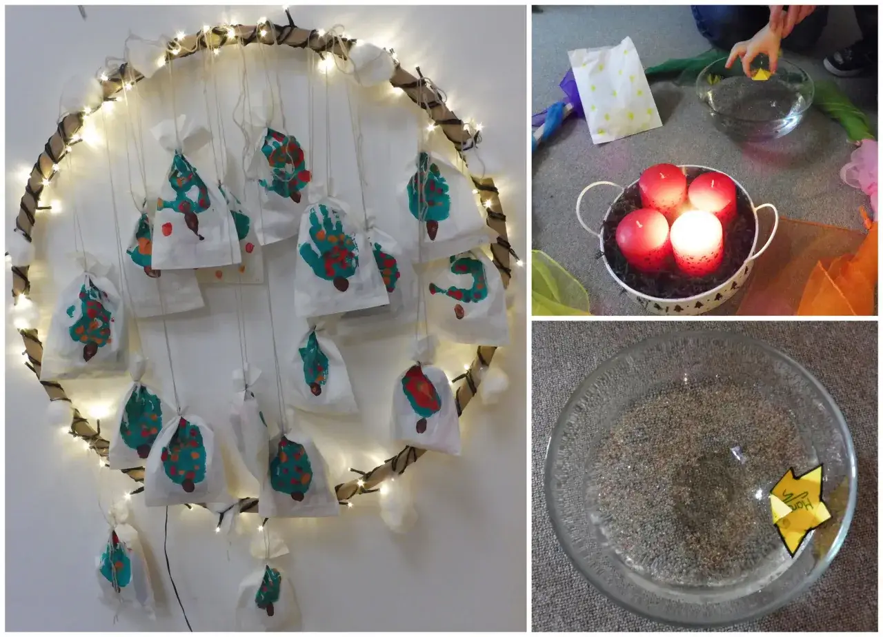 Selbstgebastelter Adventskalender f&uuml;r die Grundschule mit kleinen P&auml;ckchen, Lichtern und Glitzer.