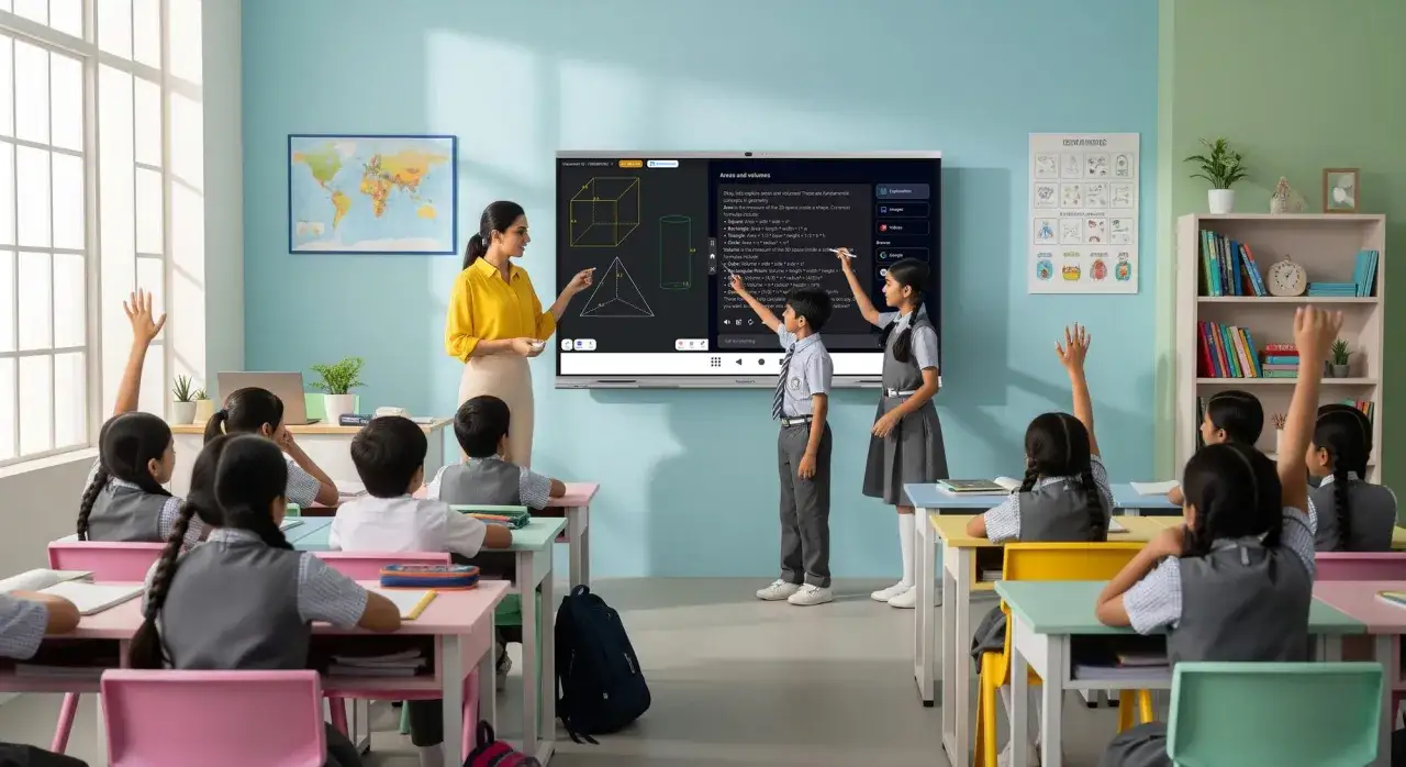 Lehrerin erklärt Geometrie an einem interaktiven Classroomscreen. Schüler melden sich.