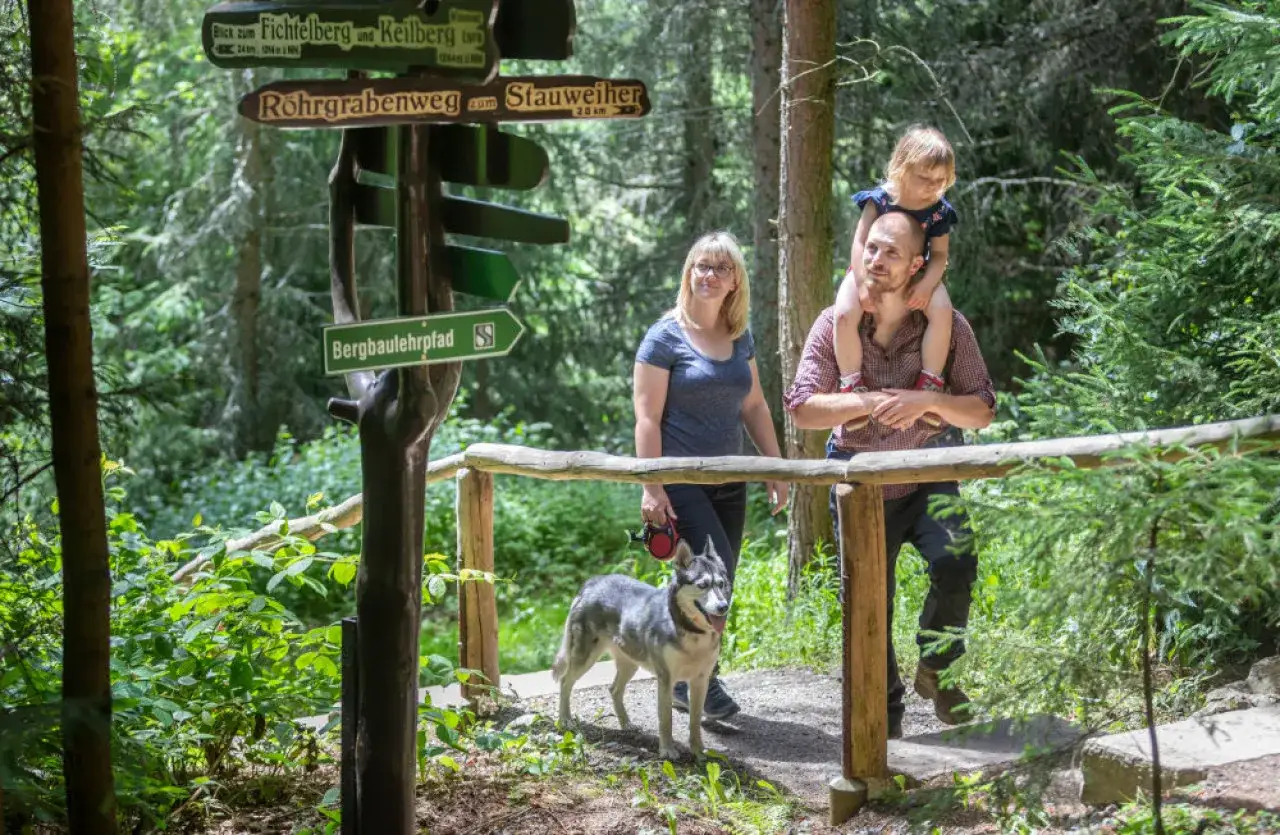 Familie mit Hund auf einem Wanderweg, bereit für die herbstferien 2026.